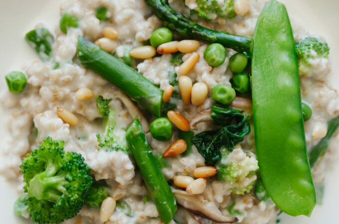 Creamy Steel Cut Oats with Spring Vegetables