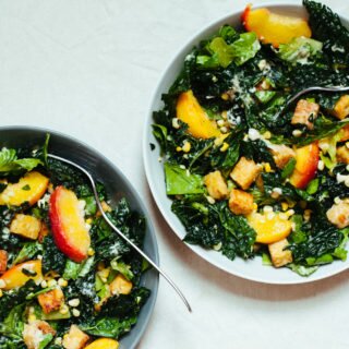 Vegan Caesar Salad with Tempeh Croutons, Roasted Peaches and Corn | Golubka Kitchen