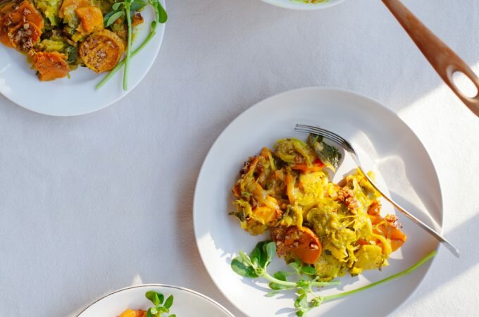 Sweet Potato and Brussels Sprout Gratin | Golubka Kitchen