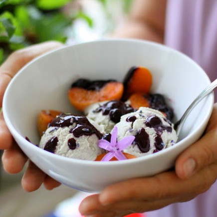 Lavender Ice Cream with Apricots Poached in Blueberry Sauce
