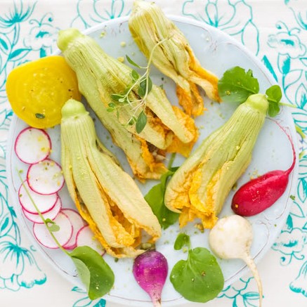 Zucchini Blossoms with Roasted Eggplant
