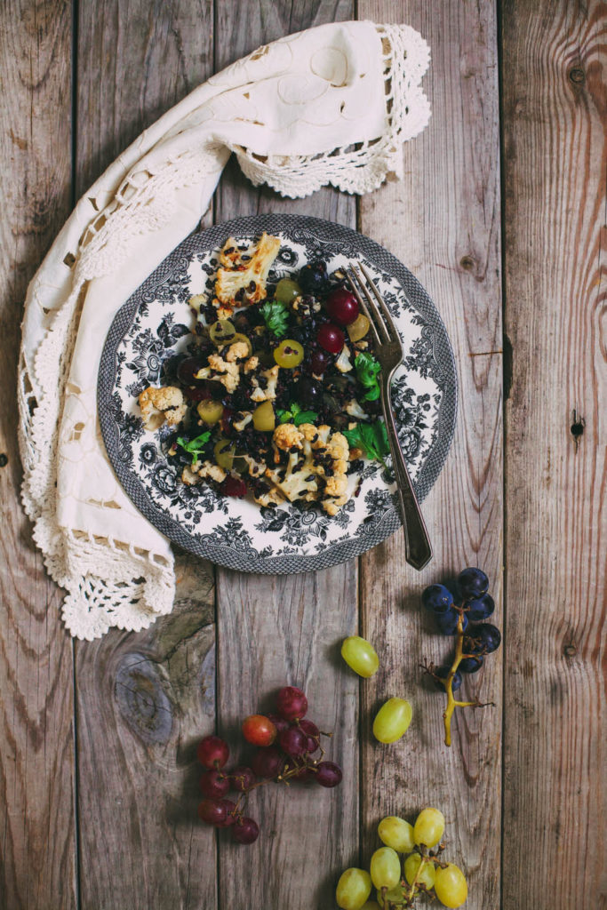 Warm Salad of Roasted Cauliflower, Grapes and Black Rice
