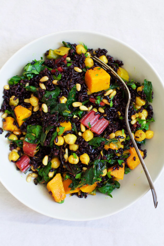 Black Rice Salad with Curried Chickpeas, Squash and Swiss Chard