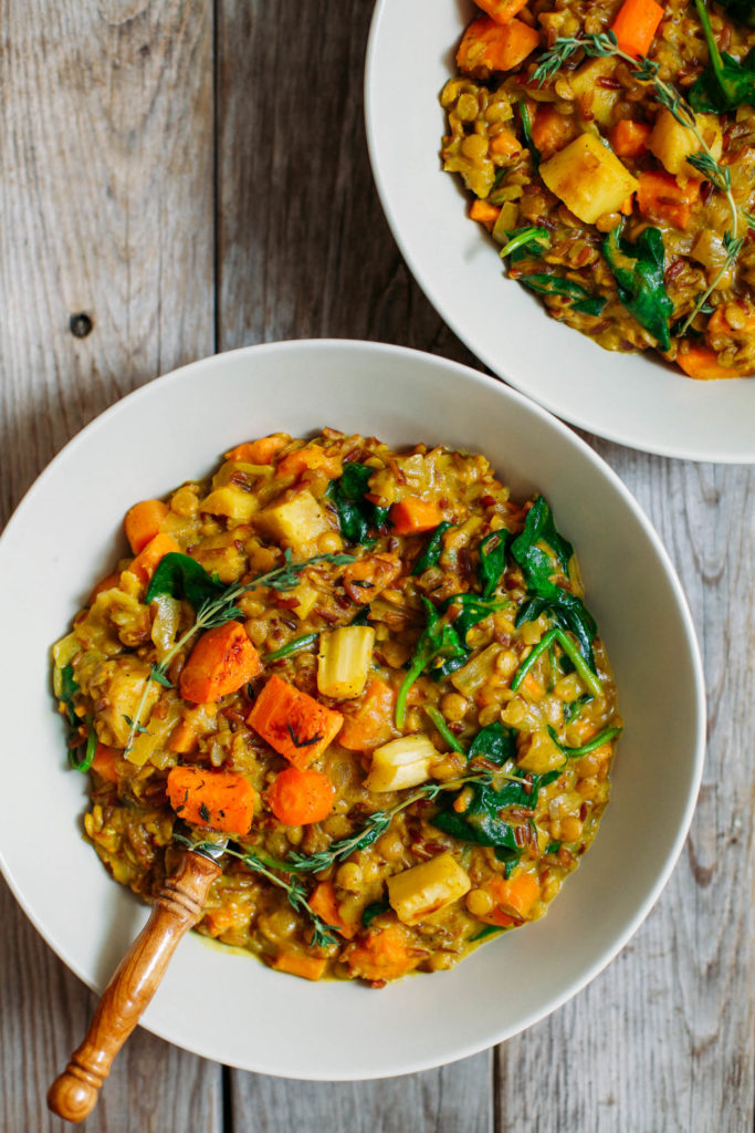 Roasted Root Vegetable, Red Rice and Lentil Stew