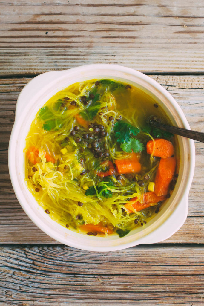 Squash Noodle Soup with Healing Turmeric-Ginger Broth, Roasted Carrots and Beluga Lentils