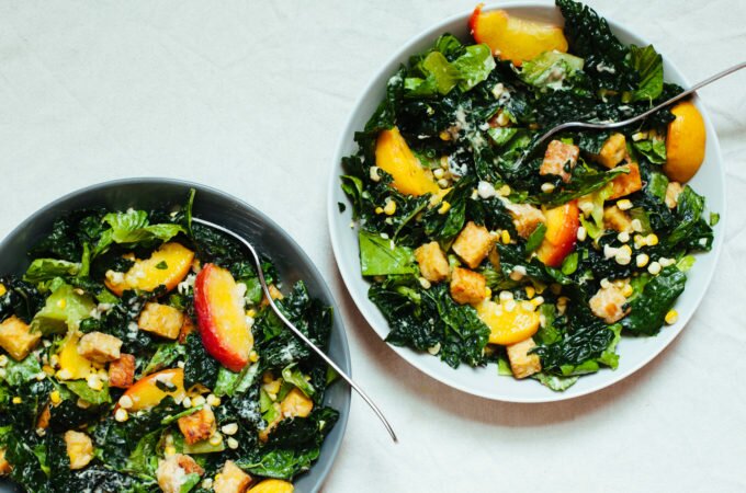 Vegan Caesar Salad with Tempeh Croutons, Roasted Peaches and Corn | Golubka Kitchen