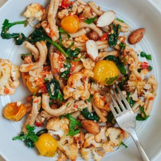 Sprouted Almond Romesco Pasta with Roasted Cauliflower and Blistered Tomatoes | Golubka Kitchen