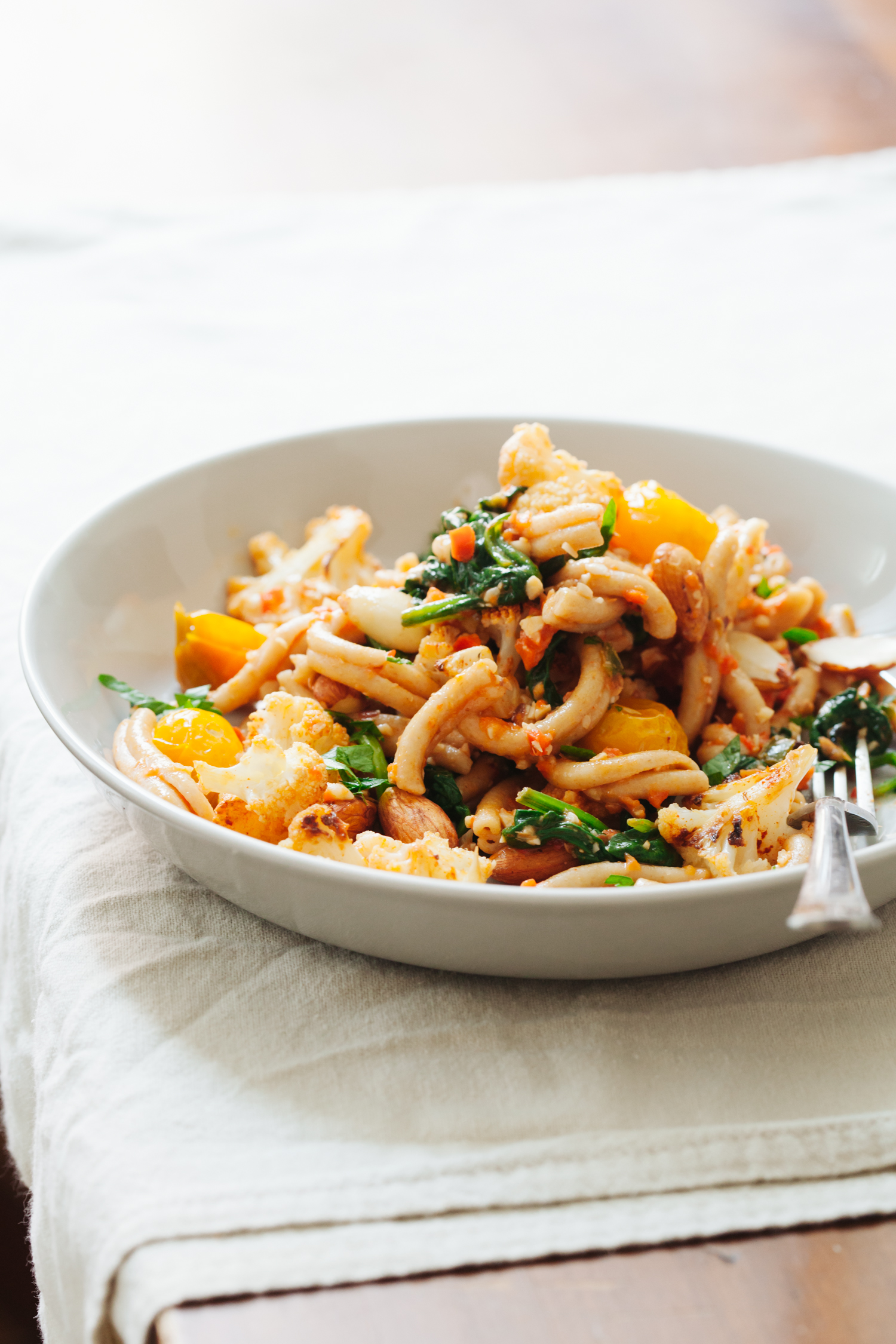 Sprouted Almond Romesco Pasta with Roasted Cauliflower and Blistered Tomatoes | Golubka Kitchen