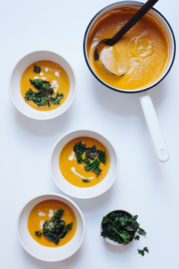 Creamy Butternut Squash, Pear and Cranberry Soup with Crispy Kale