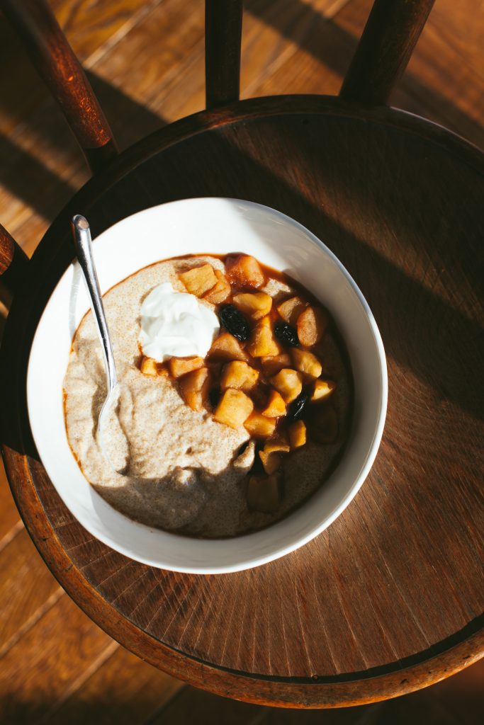 Spiced Amaranth Porridge with Ginger Stewed Apples and Raisins