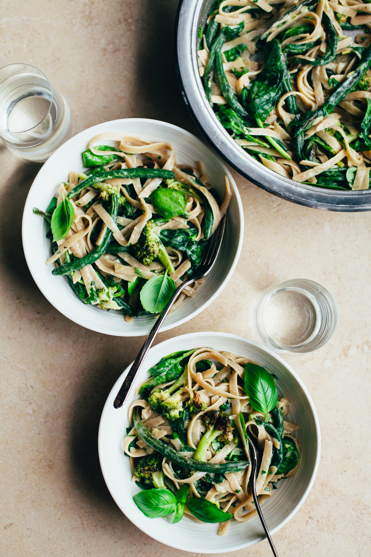 Creamy, Garlicky Fettuccine with Roasted Green Vegetables