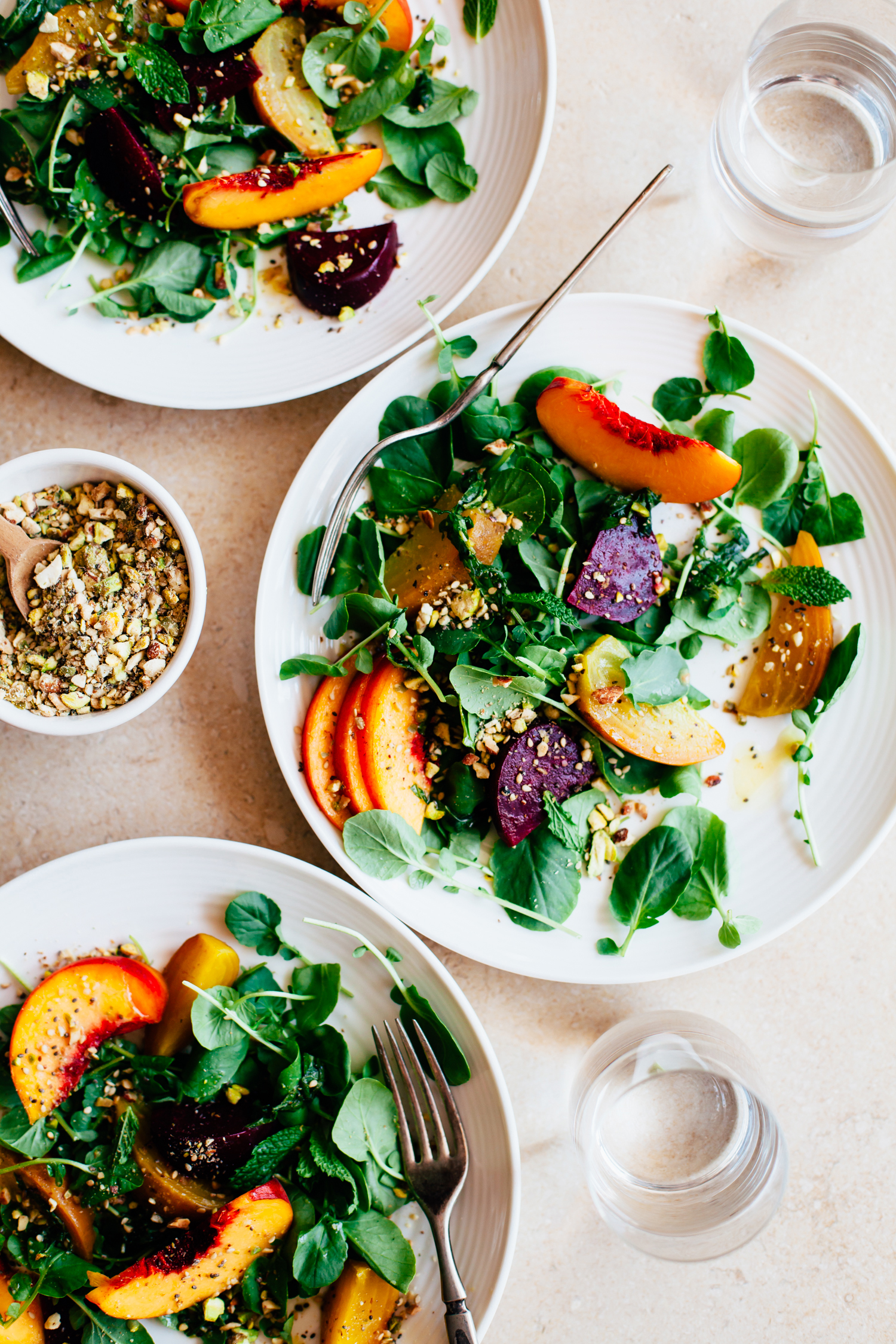 Peach and Beet Watercress Salad with a Multi-Seed Dukkah - Golubka Kitchen
