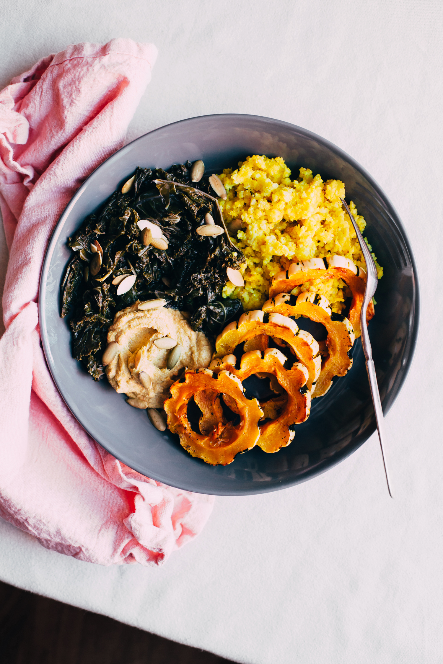 Marinated Delicata Squash, Coconut Kale and Lentils Hummus Grain Bowl (Plant-Based Fall Meal Plan) - Golubka Kitchen