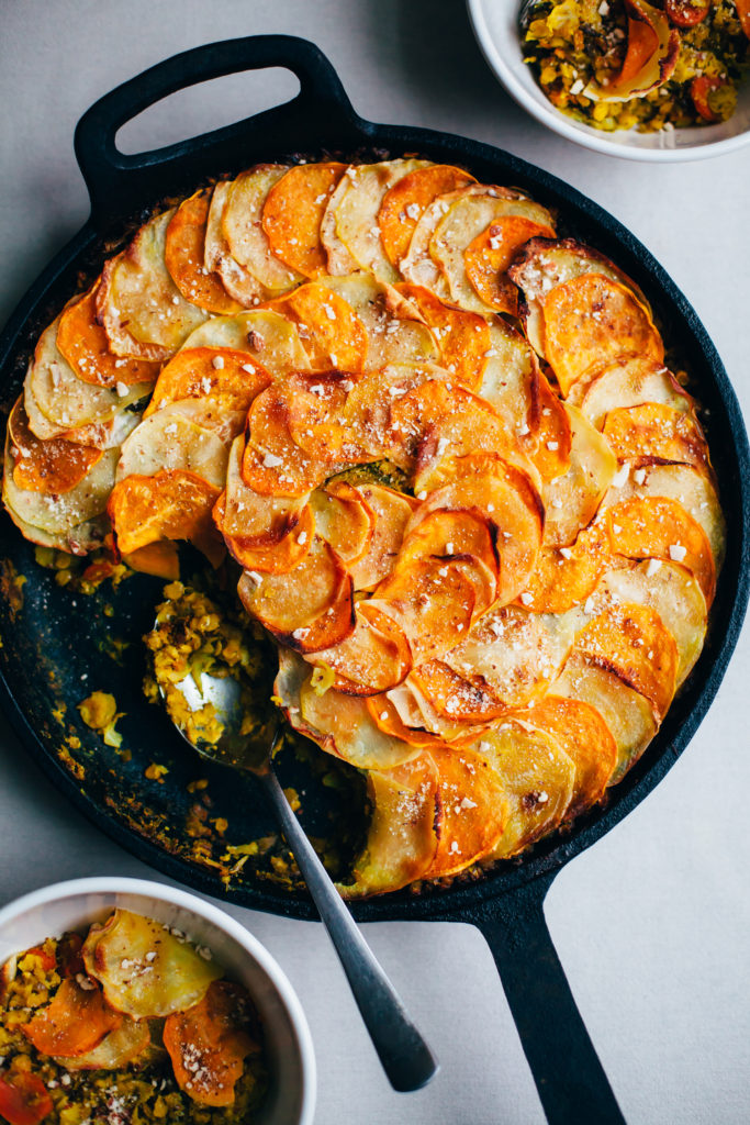 One Pan Brussels Sprout and Red Lentil Pie with a Root Vegetable Crust