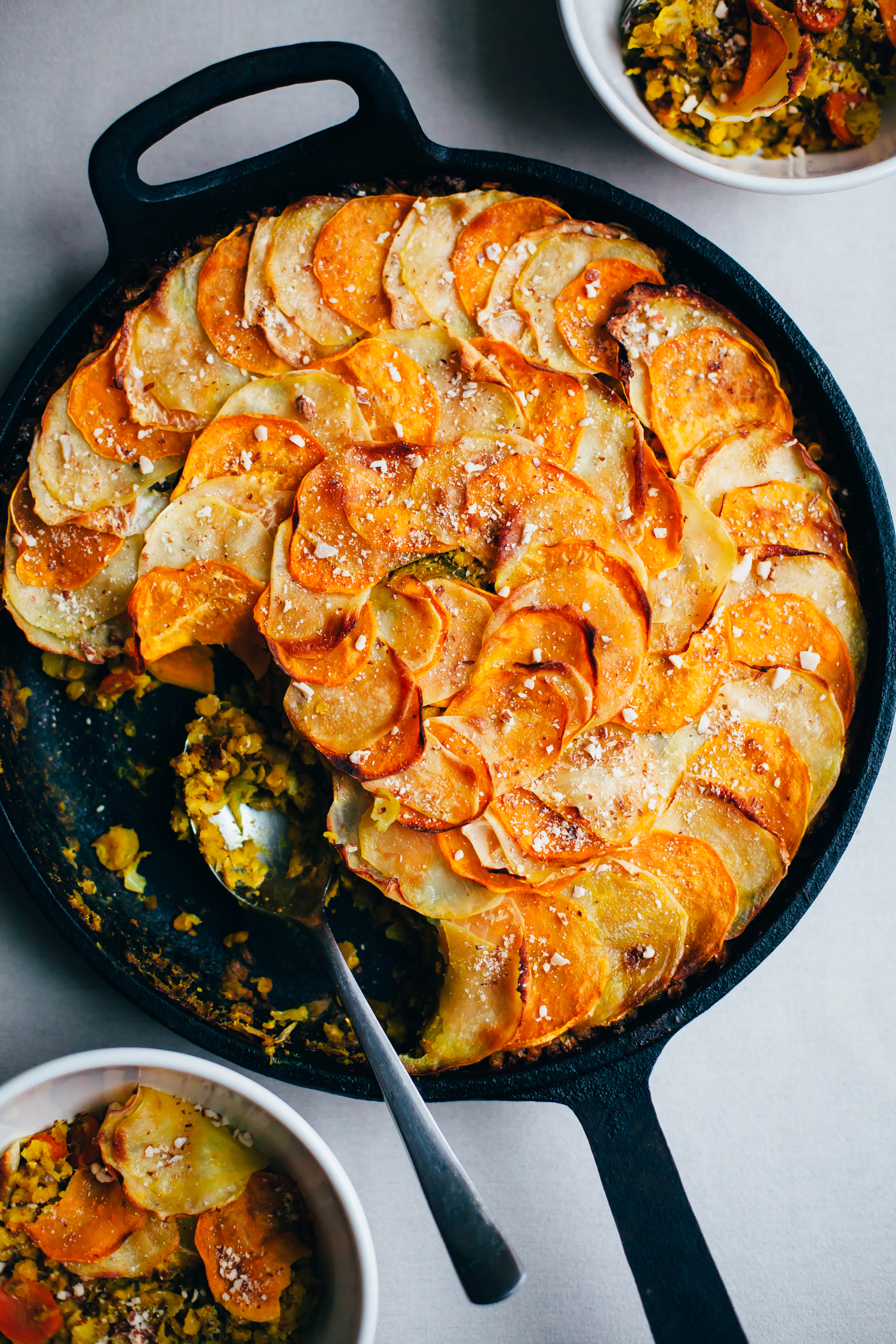 One Pan Brussels Sprout and Red Lentil Pie with a Root Vegetable Crust - Golubka Kitchen