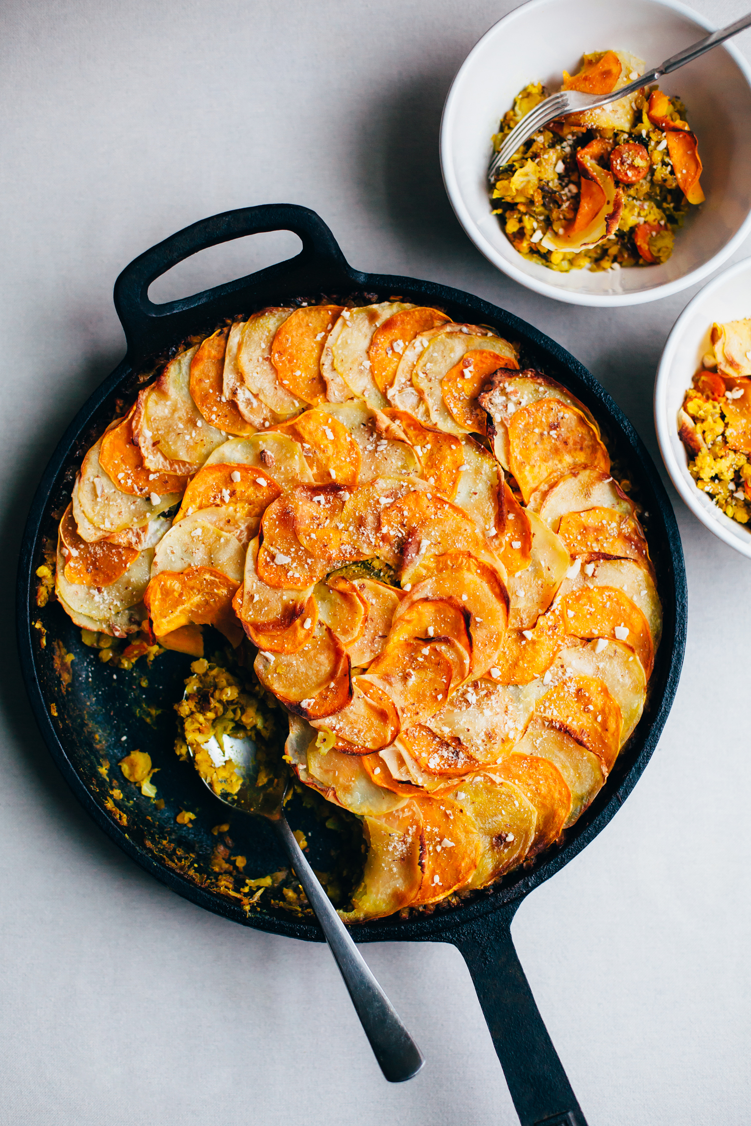 One Pan Brussels Sprout and Red Lentil Pie with a Root Vegetable Crust - Golubka Kitchen