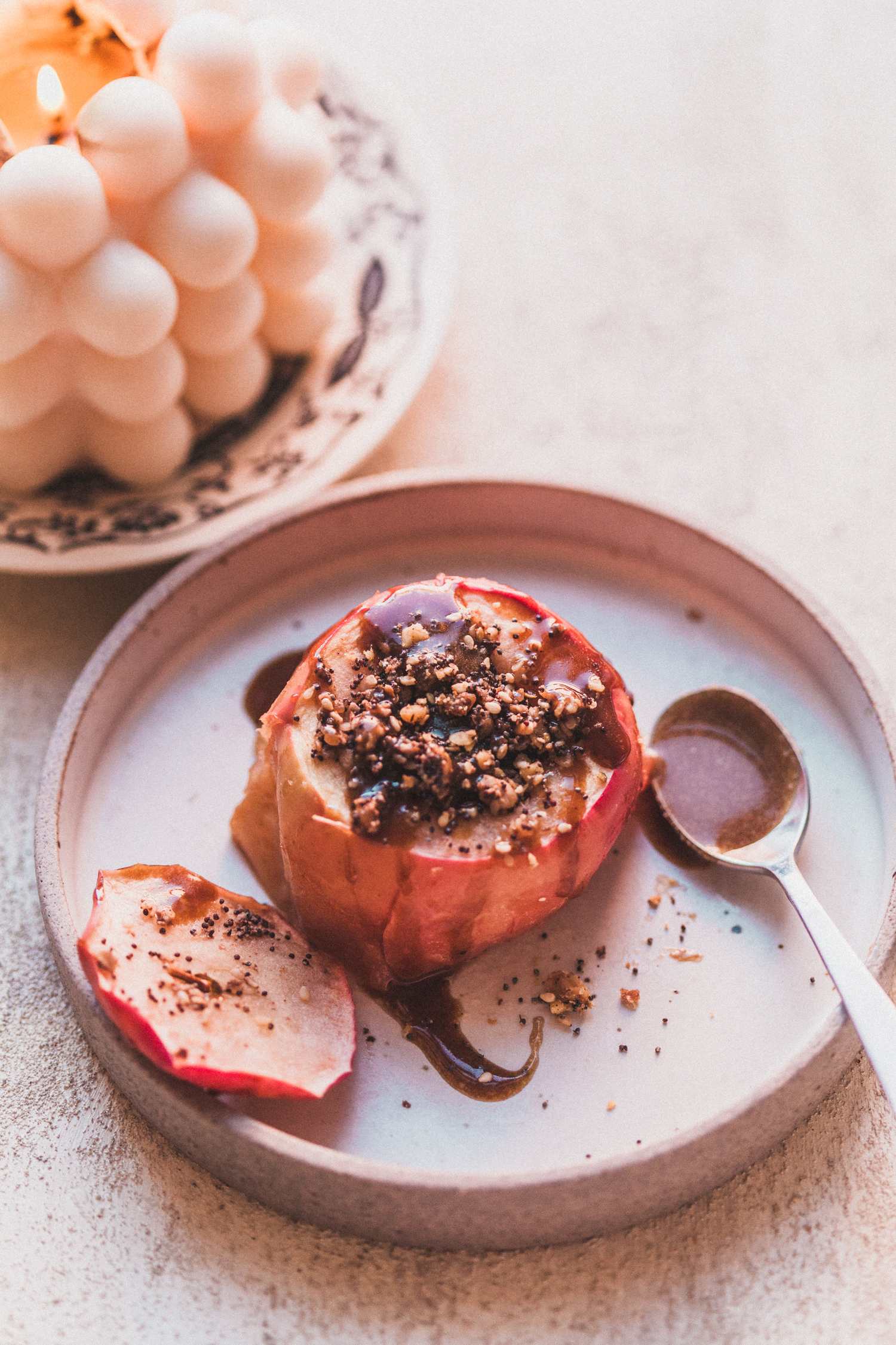 Poppyseed Dukkah-Stuffed Baked Apples with Coconut Caramel - Golubka Kitchen