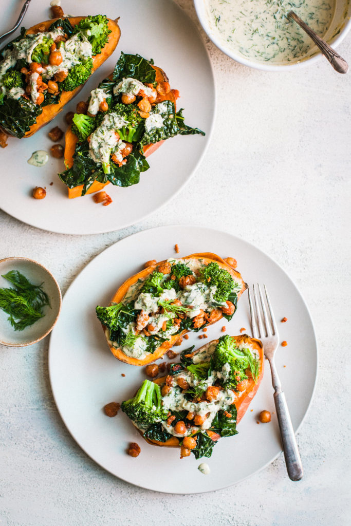 Silky Sweet Potatoes with Cucumber Tahini Ranch, Green Veg and Chickpeas