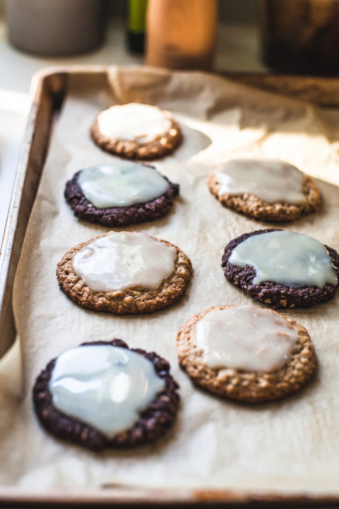 Miso Tahini and Chocolate Peanut Butter Cookies with Coconut Glaze
